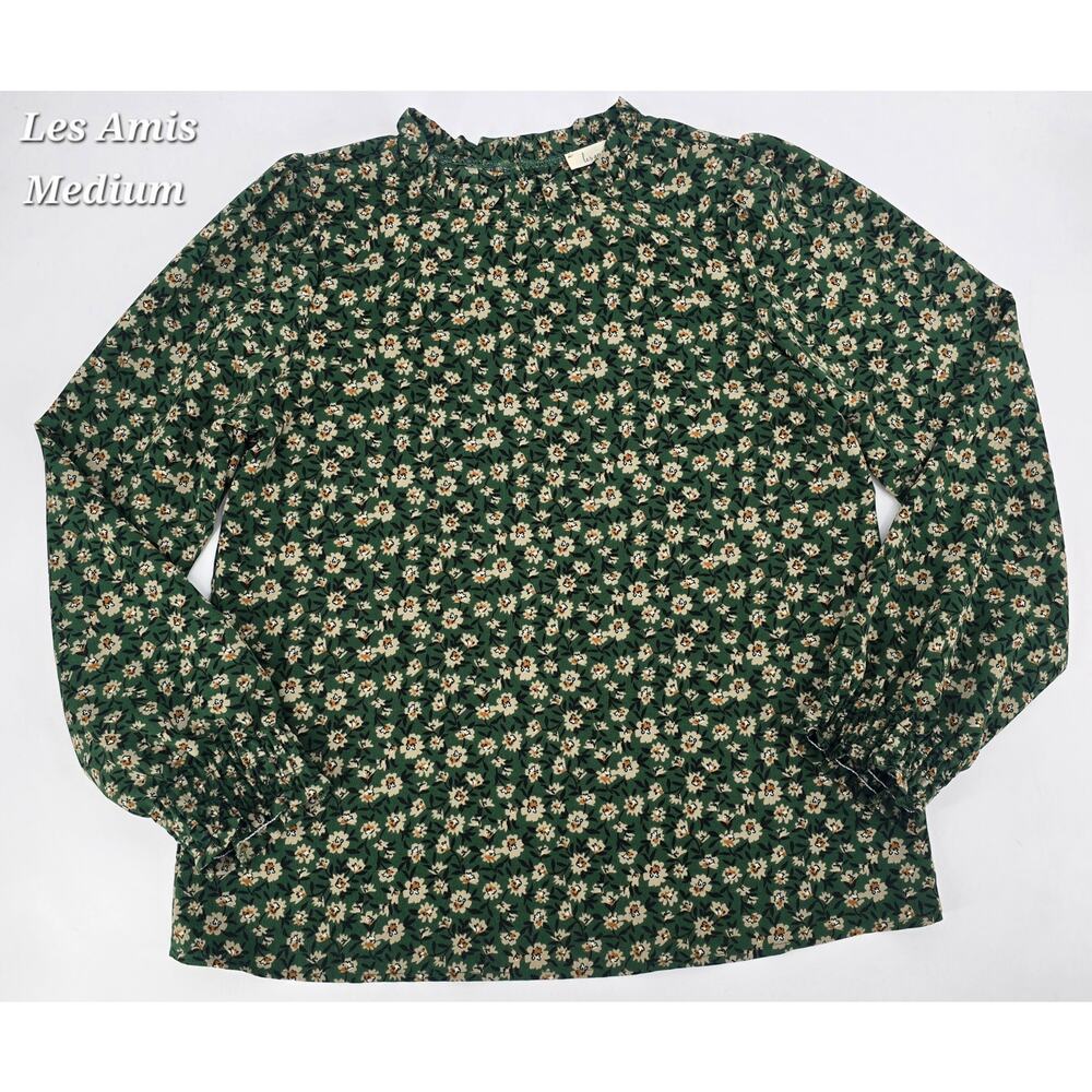 Les Amis‎ Forest Green Floral Blouse Mock Neck M Cottagecore